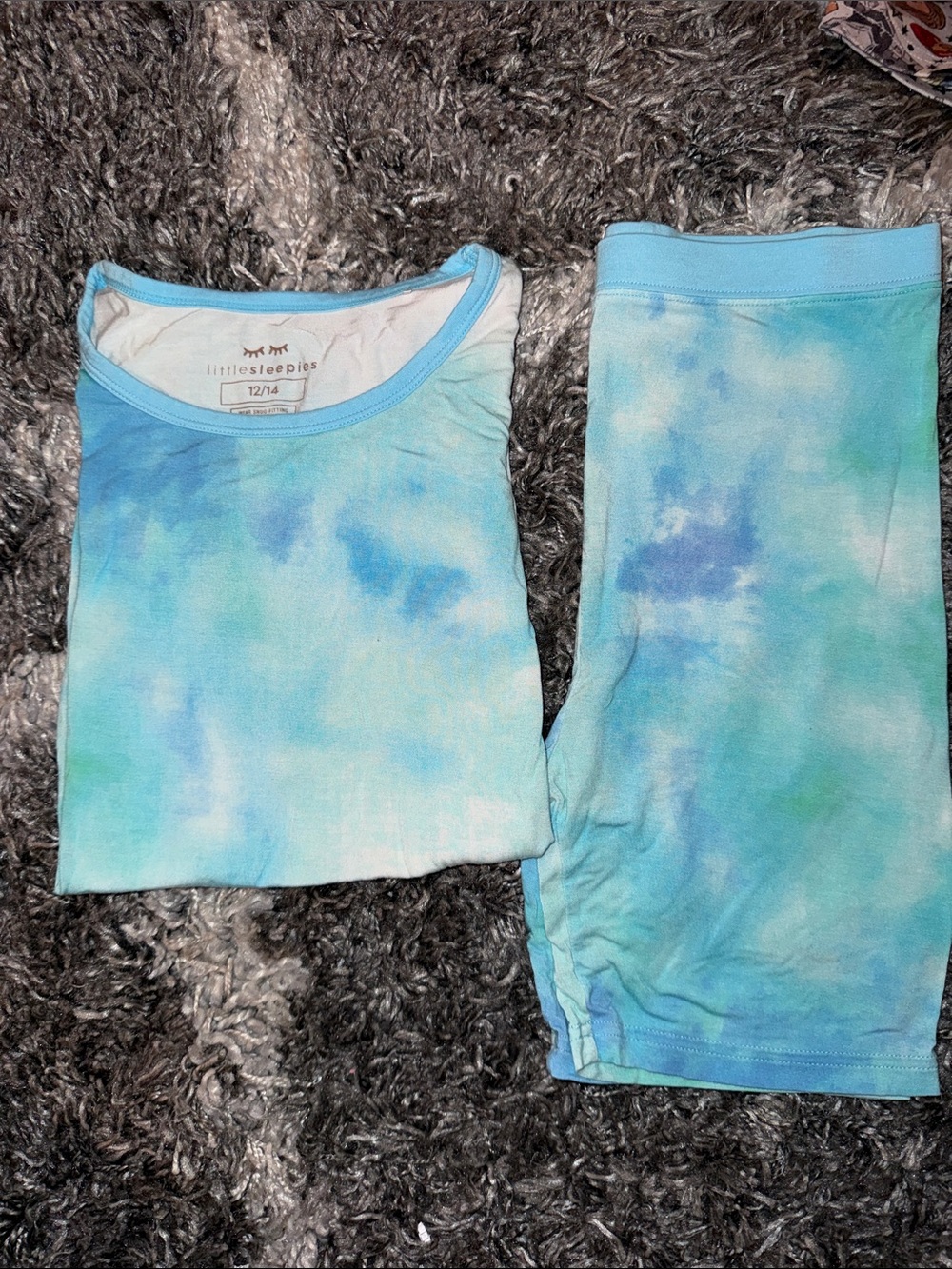 Little Sleepies Aqua & Blue Tie-Dye Kids Pajama Set 12/14 Unisex Shorts